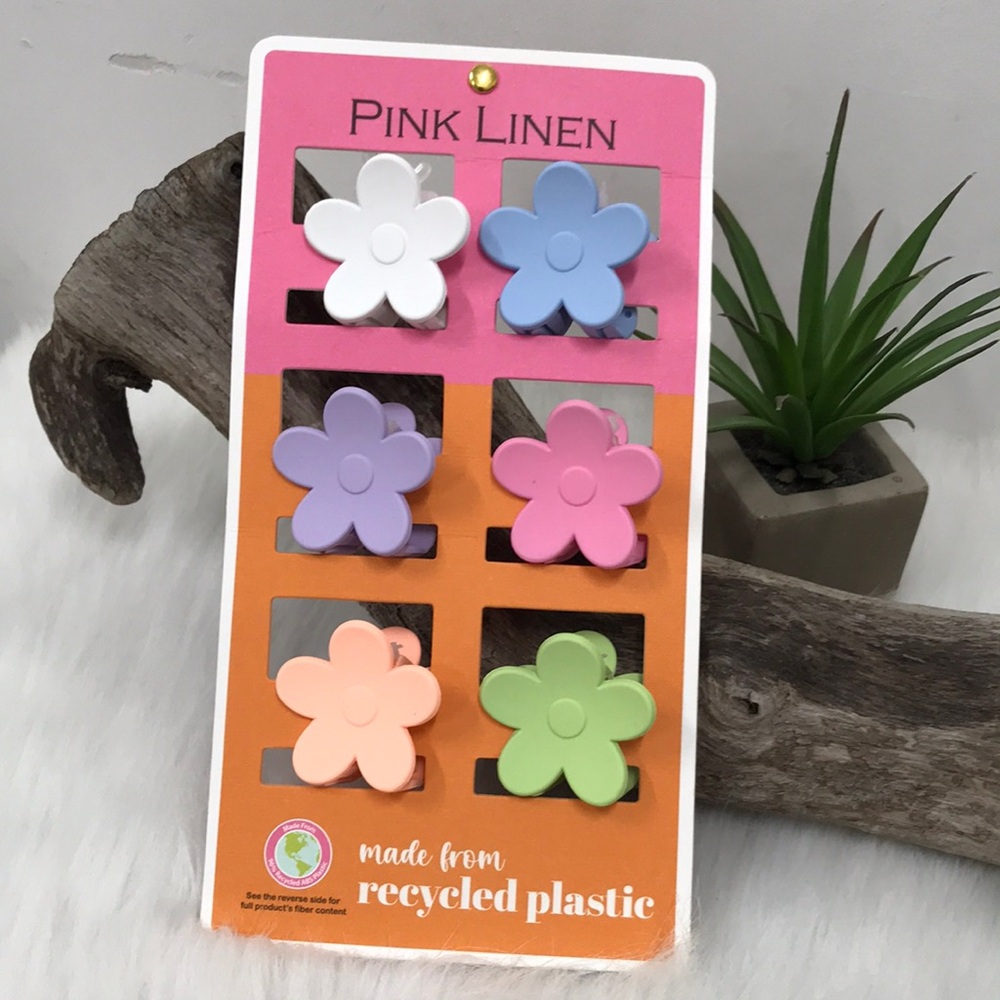 NWT Pink Linen Boho Trendy Flower Hair Clips Set of 6